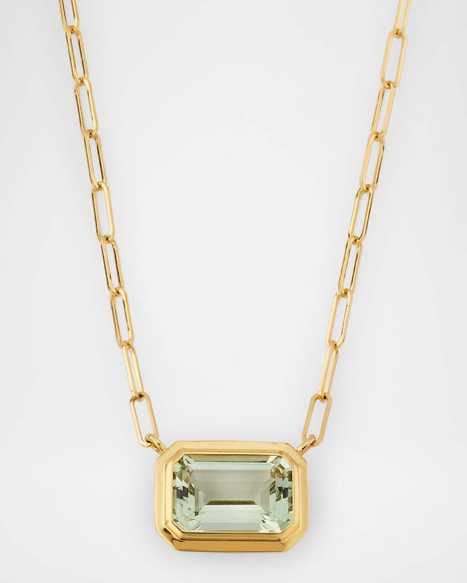 Manhattan Prasiolite Emerald Cut Bezel Set Pendant Necklace in 18K Yellow Gold